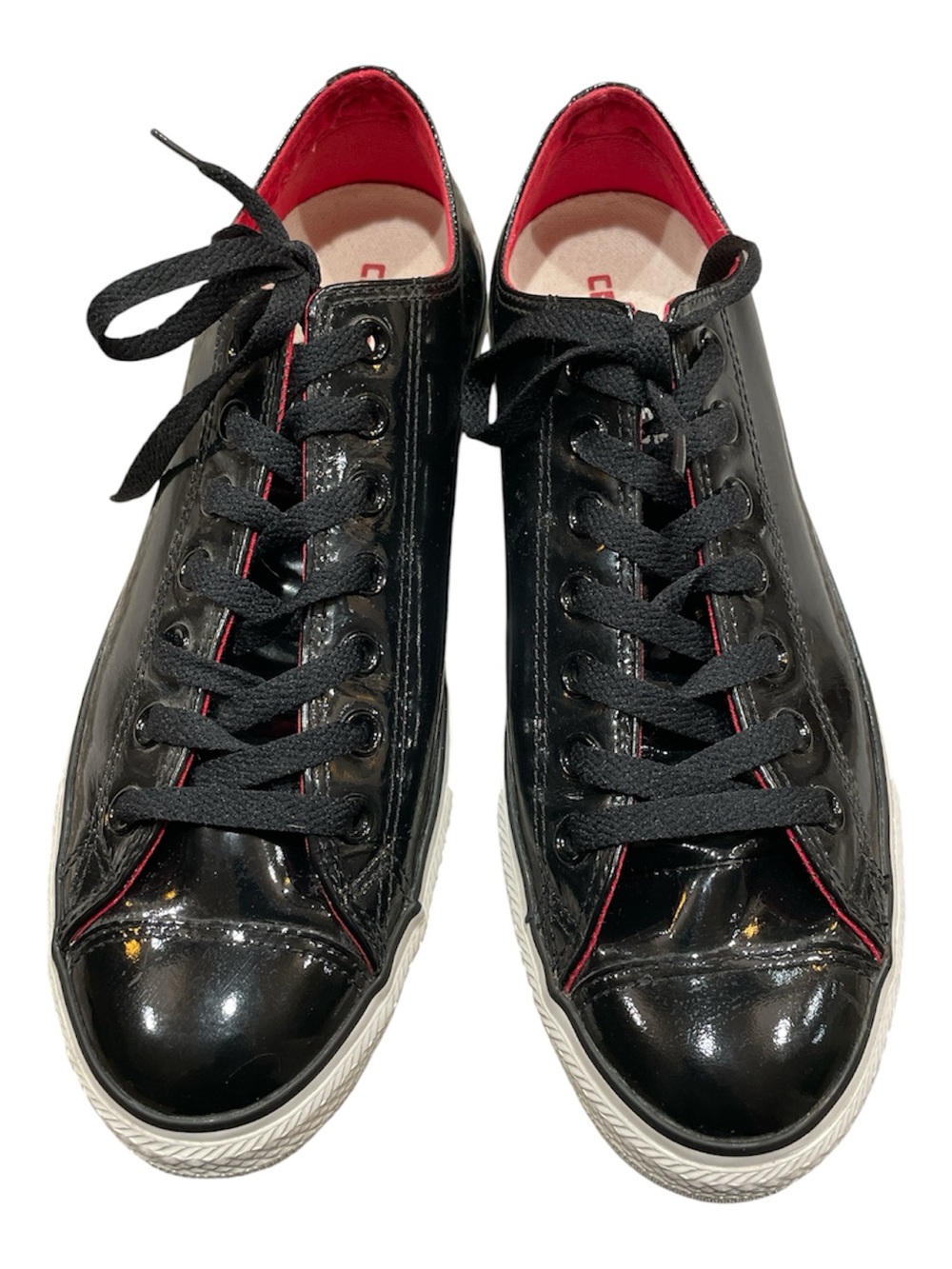 Converse All Stars Unisex Black Patent Lace-Up Sneakers with Red Trim